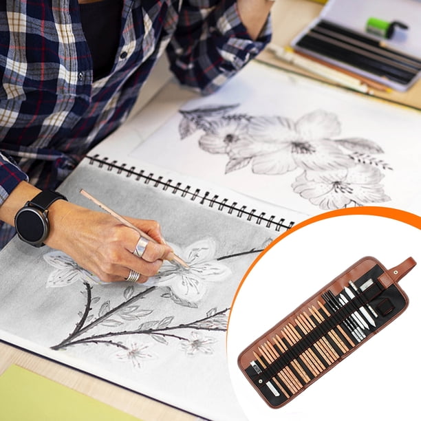 Set de Lápices para Dibujo, Kit de Herramientas de Arte con Lápices, Lápices de Carboncillo, Bolígrafo Borrable, Estuche Enrollable de Lona para Principiantes y Estudiantes de Arte.