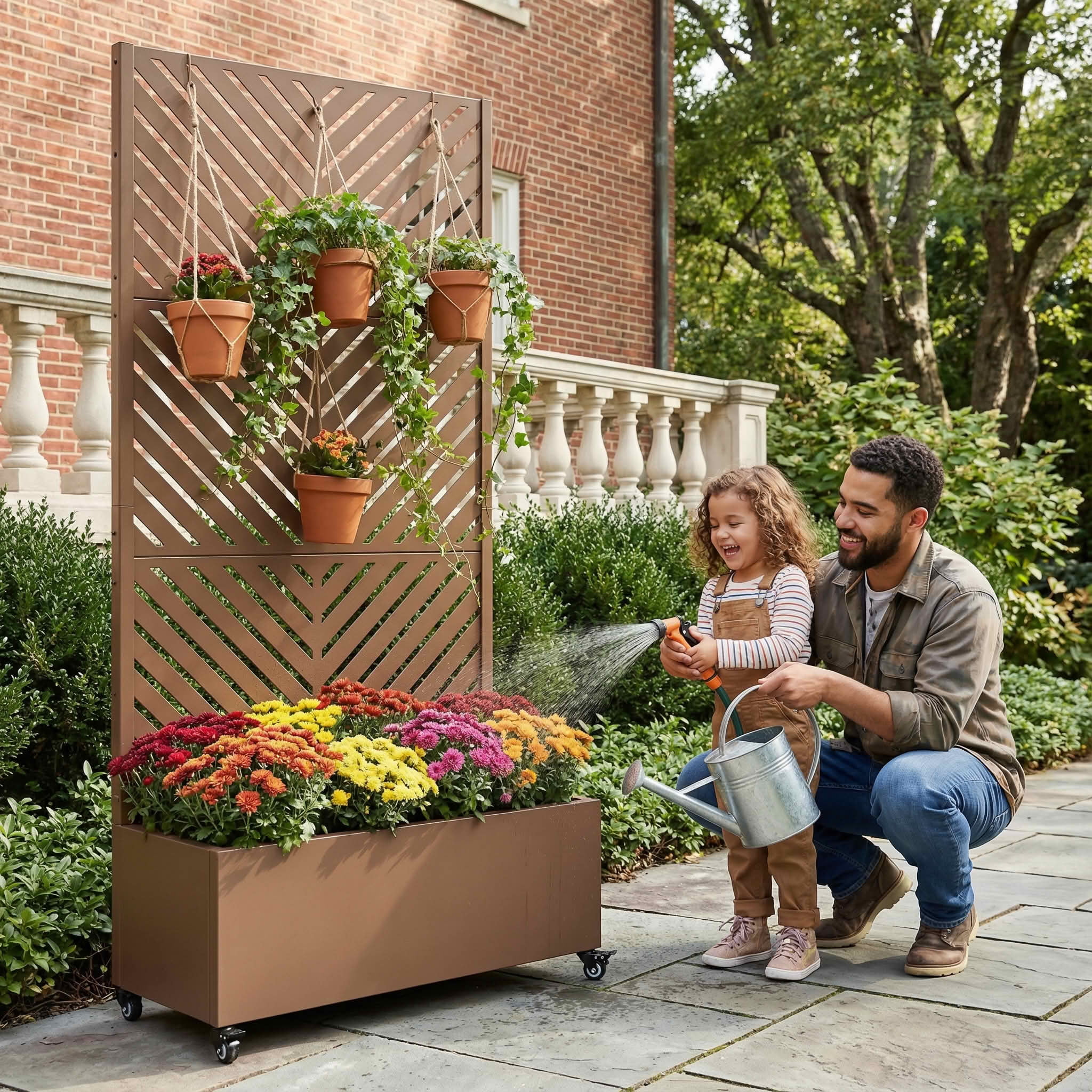 MAYEERTY 72X35" Metal Outdoor Brown Privacy Screen with Planter Box for Backyard & Garden, 3 Piece Set