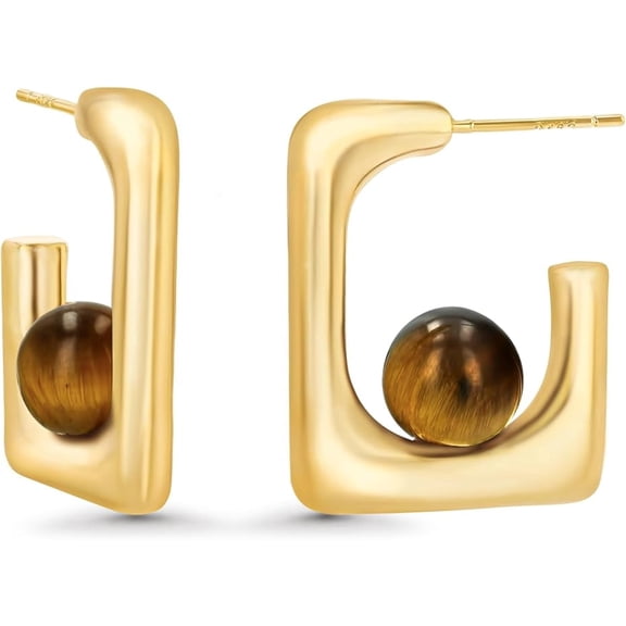 SNGIA 18K Gold Plated Square Stud Earrings with Tiger Eye Bead for Women