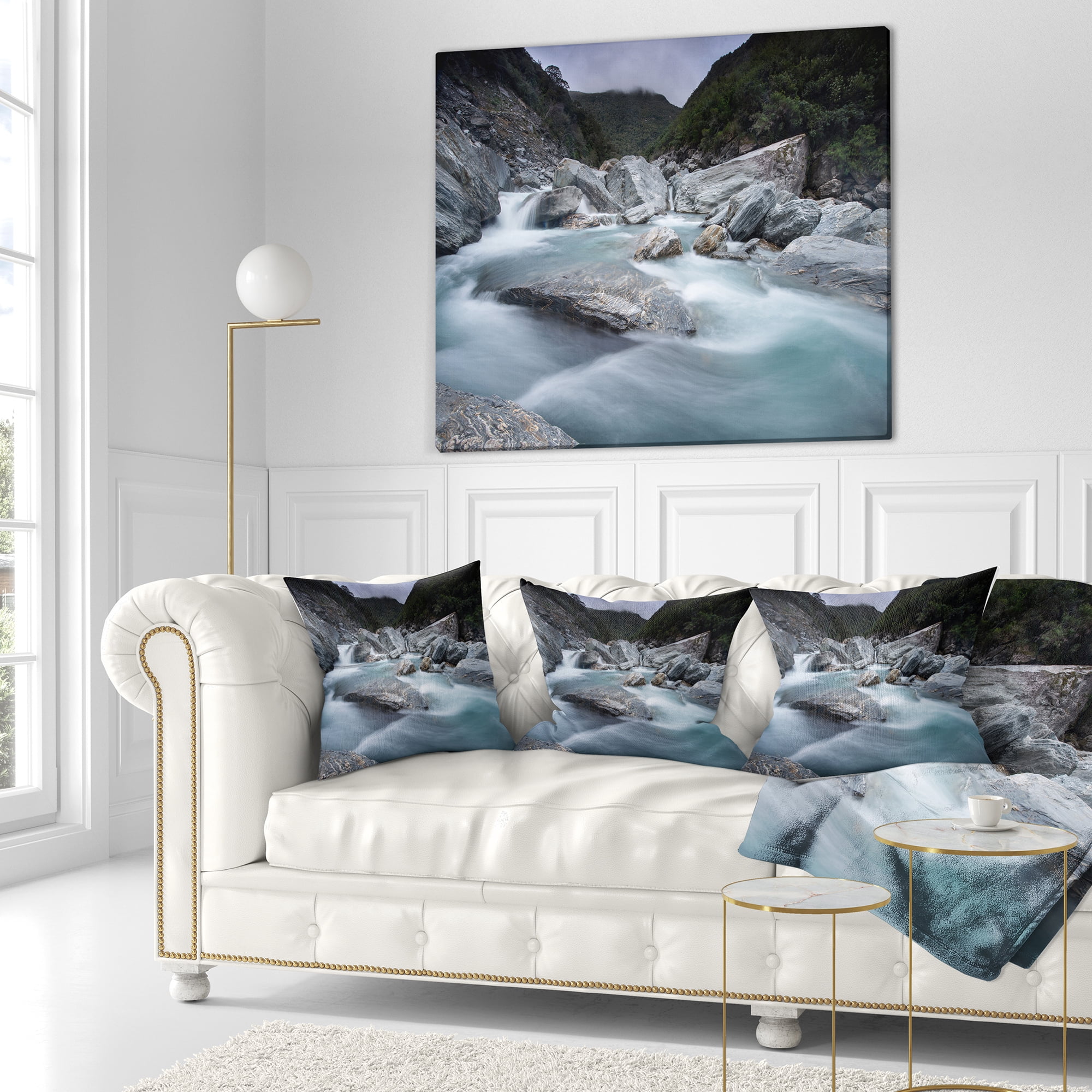 Designart Slow Motion Mountain River and Rocks - Landscape Printed Throw Pillow - 18x18