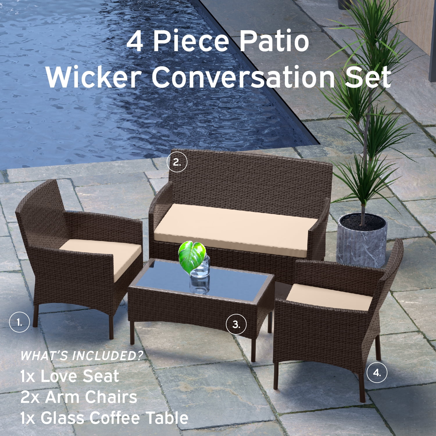 Hearth & Harbor Outdoor Furniture Set, 4 Piece Wicker Patio Chairs Set, Brown with Beige Cushions