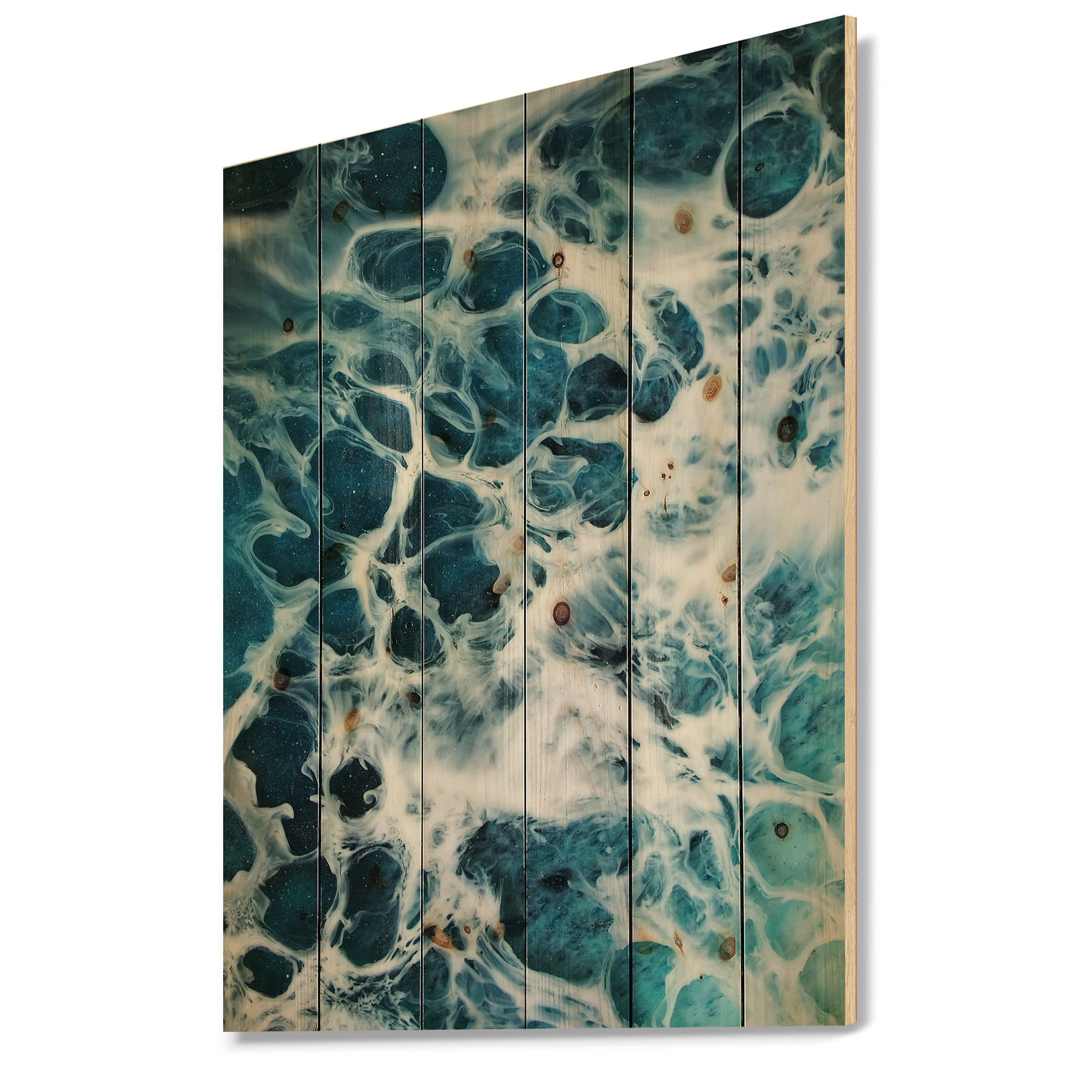 Designart 'Abstract Ocean Waves IV' Modern Print on Natural Pine Wood