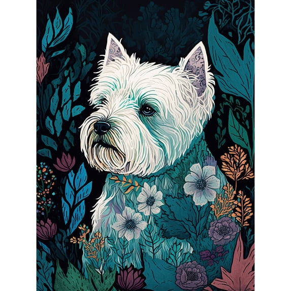 West Highland White Terrier in Flowers Dark Multicoloured Linocut Illustration Large Wall Art Poster Print Thick Paper 18X24 Inch