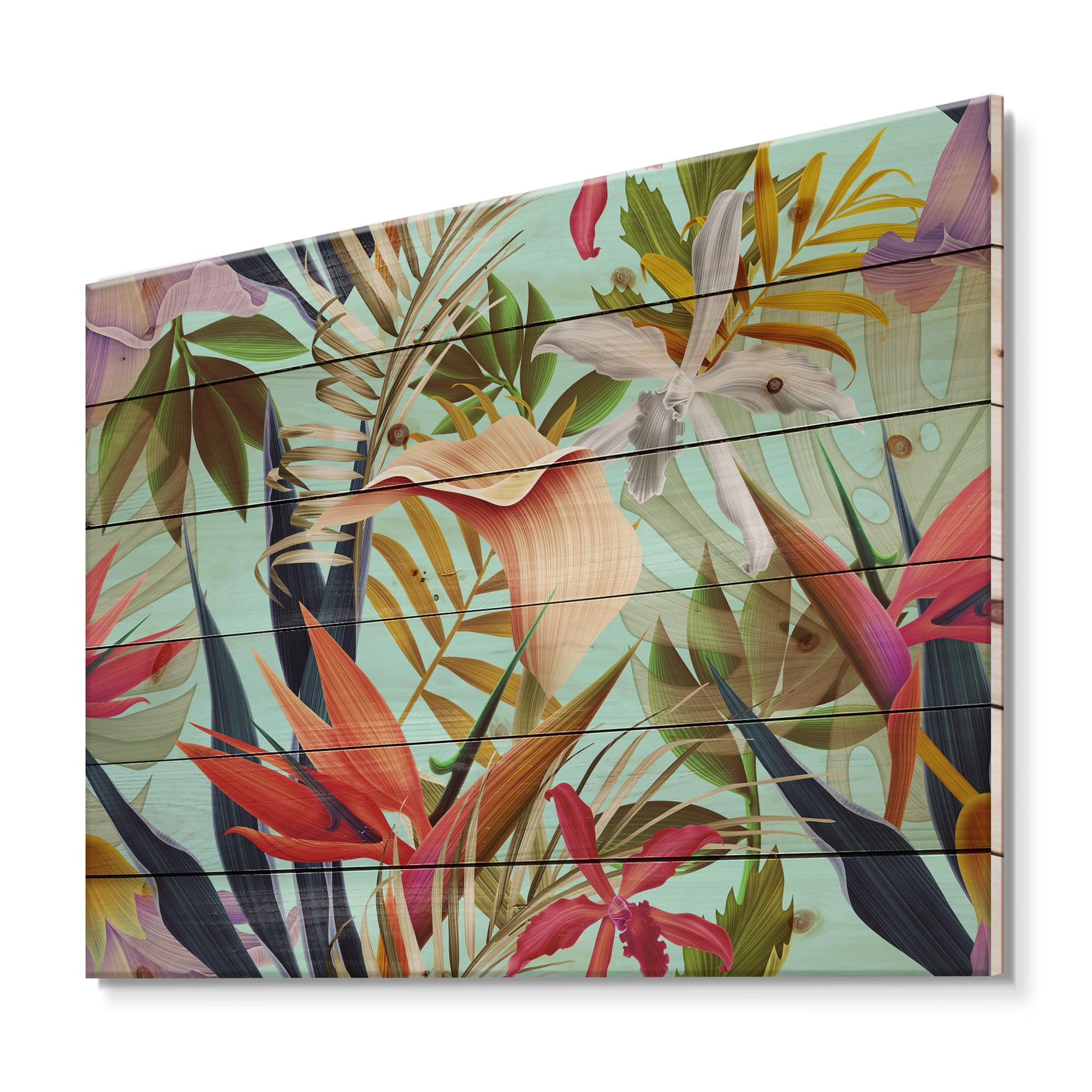 Designart 'VIntage Tropical Flowers II' Tropical Print on Natural Pine Wood