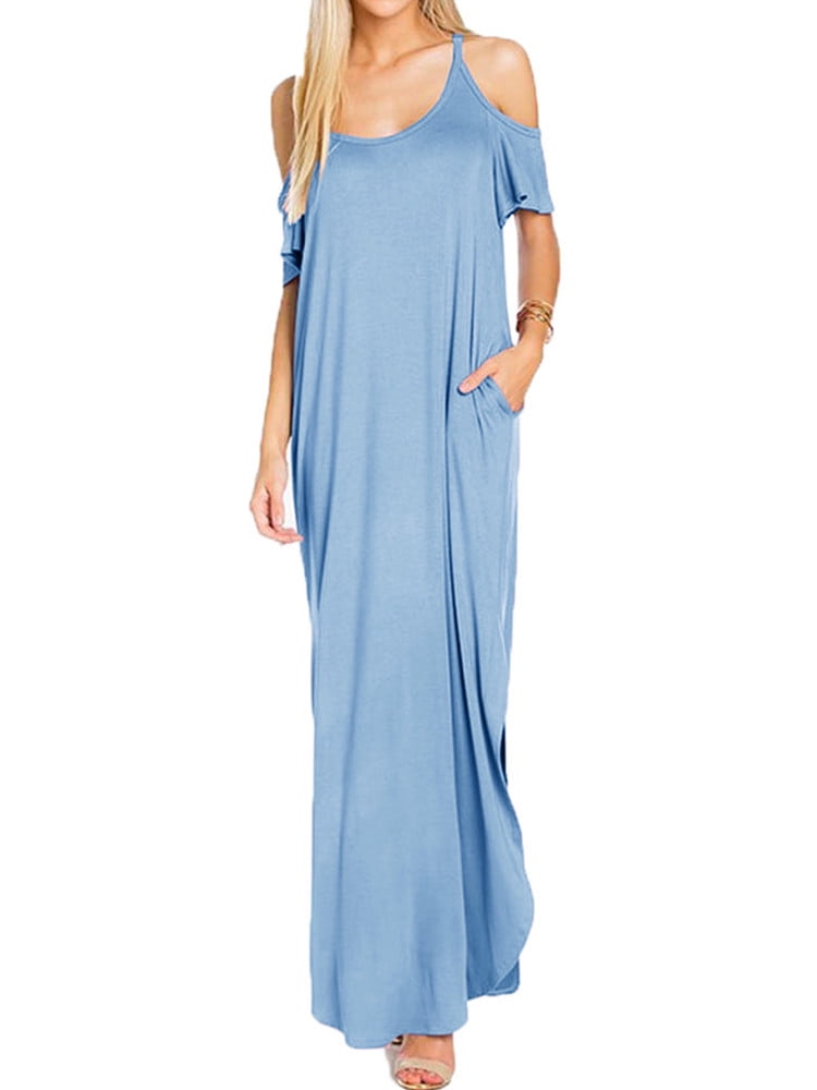 Dellytop - Cold Shoulder Strap Dress Solid Loose Maxi Dresses - Walmart.com