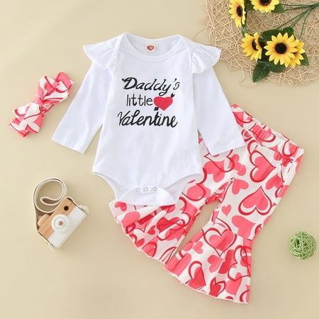 

coappsuiop valentines day gift sets girls outfits&set baby girls cotton print autumn winter valentine s day long sleeve pants romper bodysuit bell bottom headbands clothes