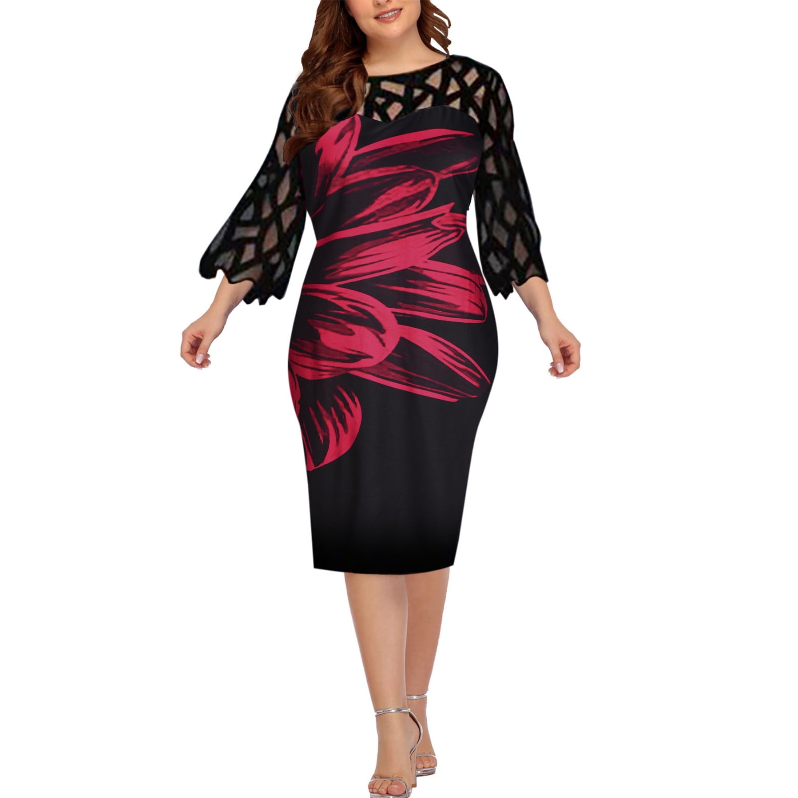 Hfyihgf Elegant Plus Size Dresses for Women Flare Lace Mesh 3/4 Sleeves ...