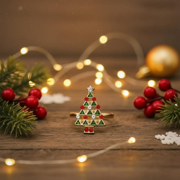 Christmas Tree Ring, Dainty Red & Green Zircon Ring, 14k Yellow Gold Plated 925 Silver Ring, Gift for Her
