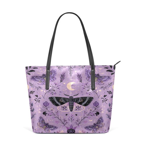 Tote Bag Aesthetic leather Handbags with Zipper for Women Travel Shoulder Bags Purses with compartment. Purple Moths