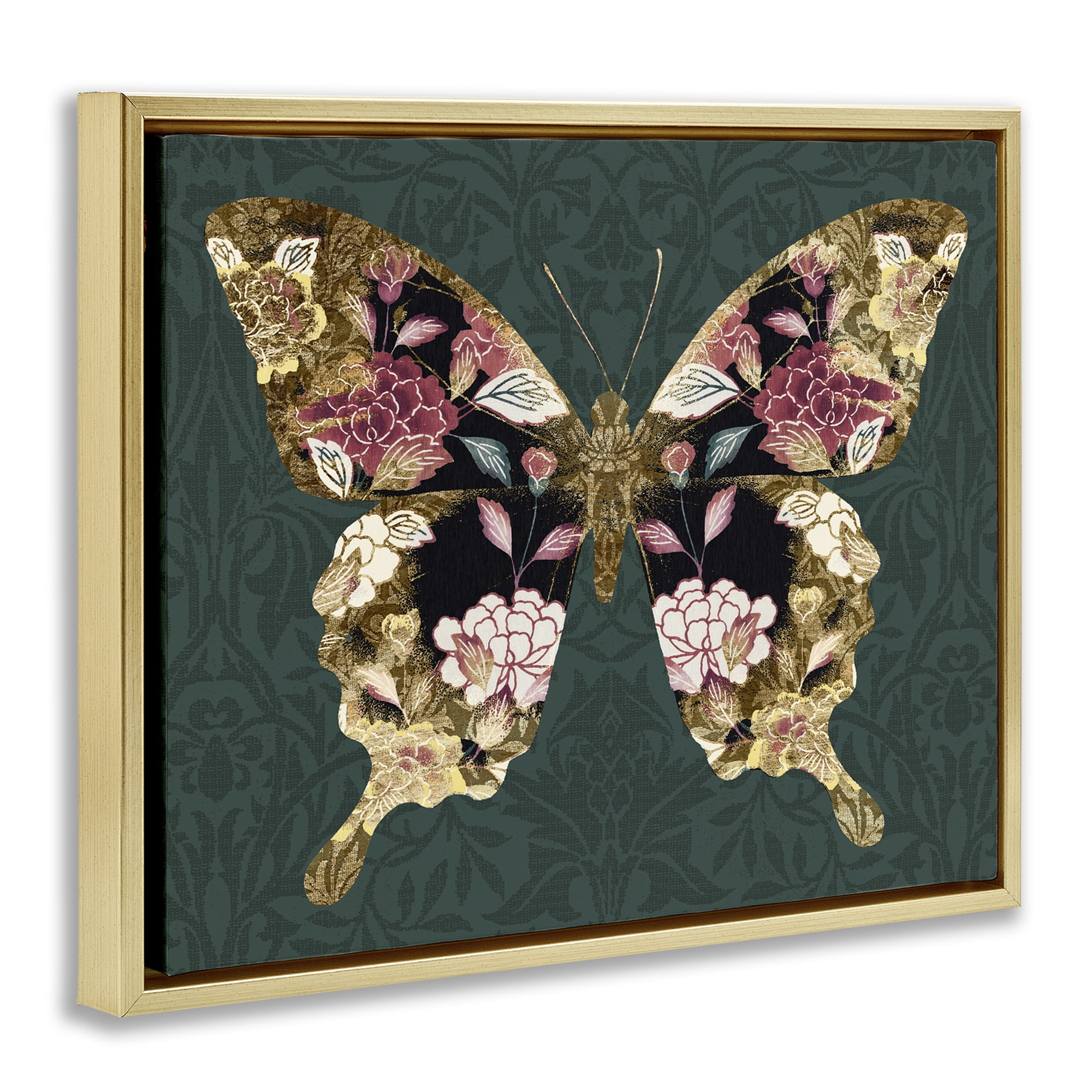 Stupell Industries Traditional Florals Butterfly Animals & Insects Painting Gold Floater Framed Canvas Art Print Wall Art, 21 x 17