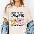 thumbnail image 2 of Focus On The Good T-Shirt – Positive Vibes Cartoon Flower & Heart Characters Graphic Tee, Uplifting Retro-Inspired Shirt for Women, Teens, Friends, Mental Health Awareness Gift, 2 of 7