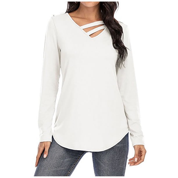 Blusa de manga larga con cuello en V cómoda de ocio de moda de color sólido para mujer Pompotops FGAJ15701