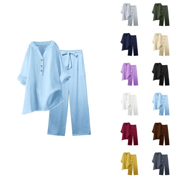 Womens 2 Piece Outfits Wide Leg Blouse Pockets Elastic Pants Sets Casual V Neck Shirt Trousers Fashion Streetwear Capri For Women Casual Summer