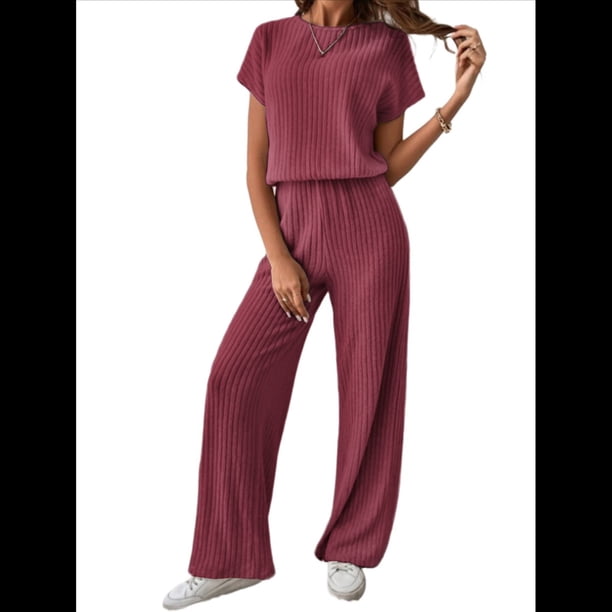 Traje Informal de Dos Piezas para Mujer, para Viajes y Vacaciones de Verano, con Corta y Pantalones Anchos. Rojo Ladrillo L