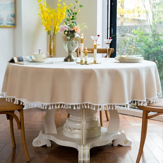 Mantel redondo lavable de color liso, diseño de borlas, protector para cenas, bodas, banquetes, tejido de poliéster resistente (beige Sydney, redondo de 120 cm)