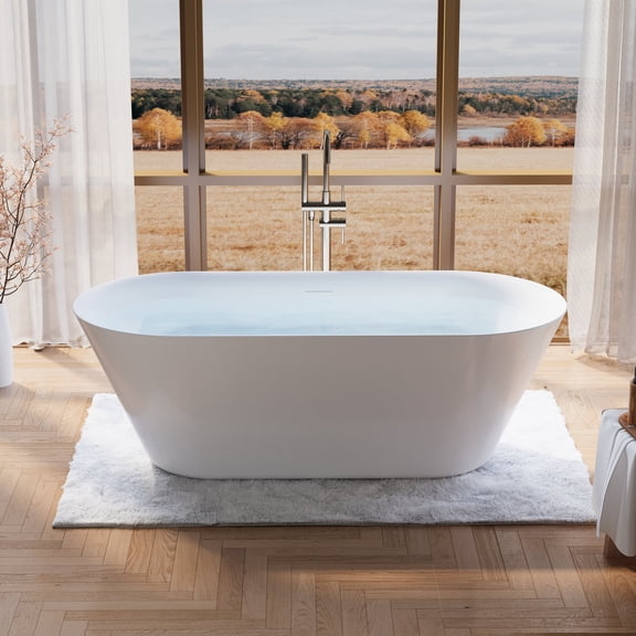 ANGELES HOME 71" Freestanding Acrylic Bathtub Modern Soaking Tub, Glossy White Acrylic Bathtub with White Bathtub Drain and Integrated Slotted Overflow, Predrilled Drain Holes