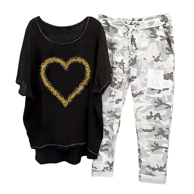 Ensembles 2 Pcs pour Femmes Imprimé Col Rond Manches Mi-Longues Chandail Chemise Hauts + Pantalon Ensemble Été Ensembles 2 Pcs pour Femmes 2023 en Liquidation