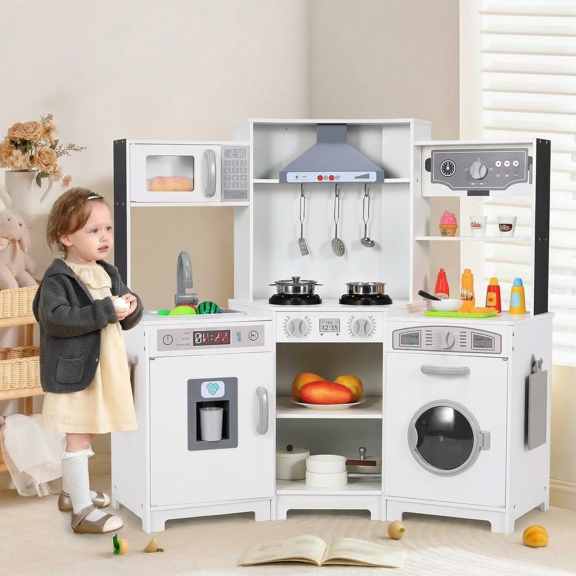 Pirecart Kids Corner Play Kitchen Wooden Cooking Pretend Playset W/ Realistic Lights & Sounds, Water Dispenser, Microwave Oven & Cooking Accessories, Birthday Gift for Girls and Boys Age 3 , White