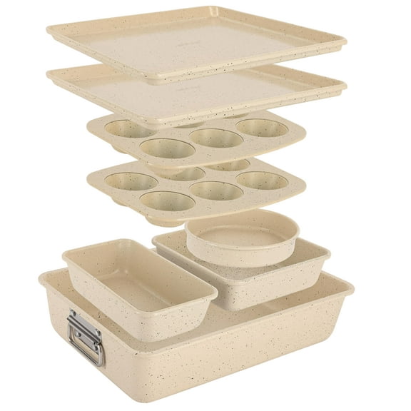 NutriChef 8-Piece Stackable Bakeware Set - Carbon Steel Non-Stick Baking Pan Set, Sheet, Muffin, Round, Loaf, Square Cake & Deep Pans, 450°F Heat Resistant, Standard & Convection Ovens (Marble Cream)