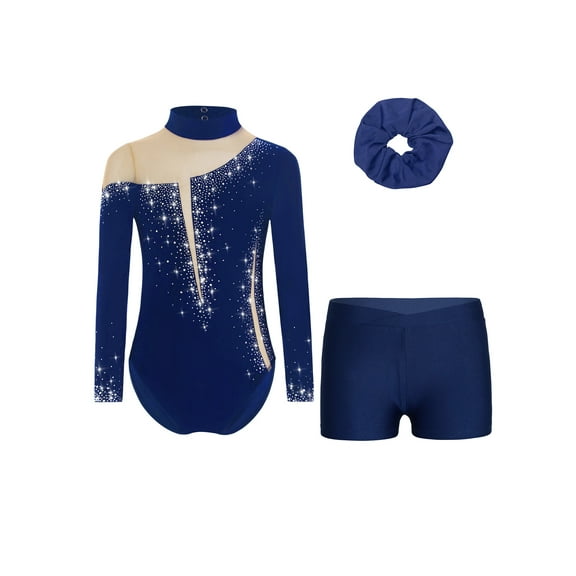 Doomiva Kids Girls Sparkly Long Sleeve Gymnastics Leotard with Shorts Hair Scrunchies Set Dance Bodysuit Biketard B Navy Blue 8