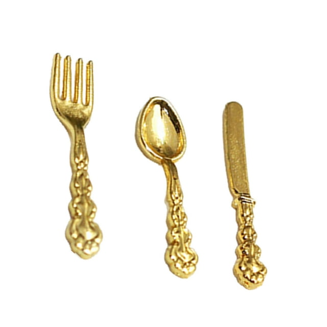 letairis 3 Pieces Tableware Model Mini Lovely Size 1/12 Kitchen Spoon Early Educational Imitation Children Baby Kids Using Gold