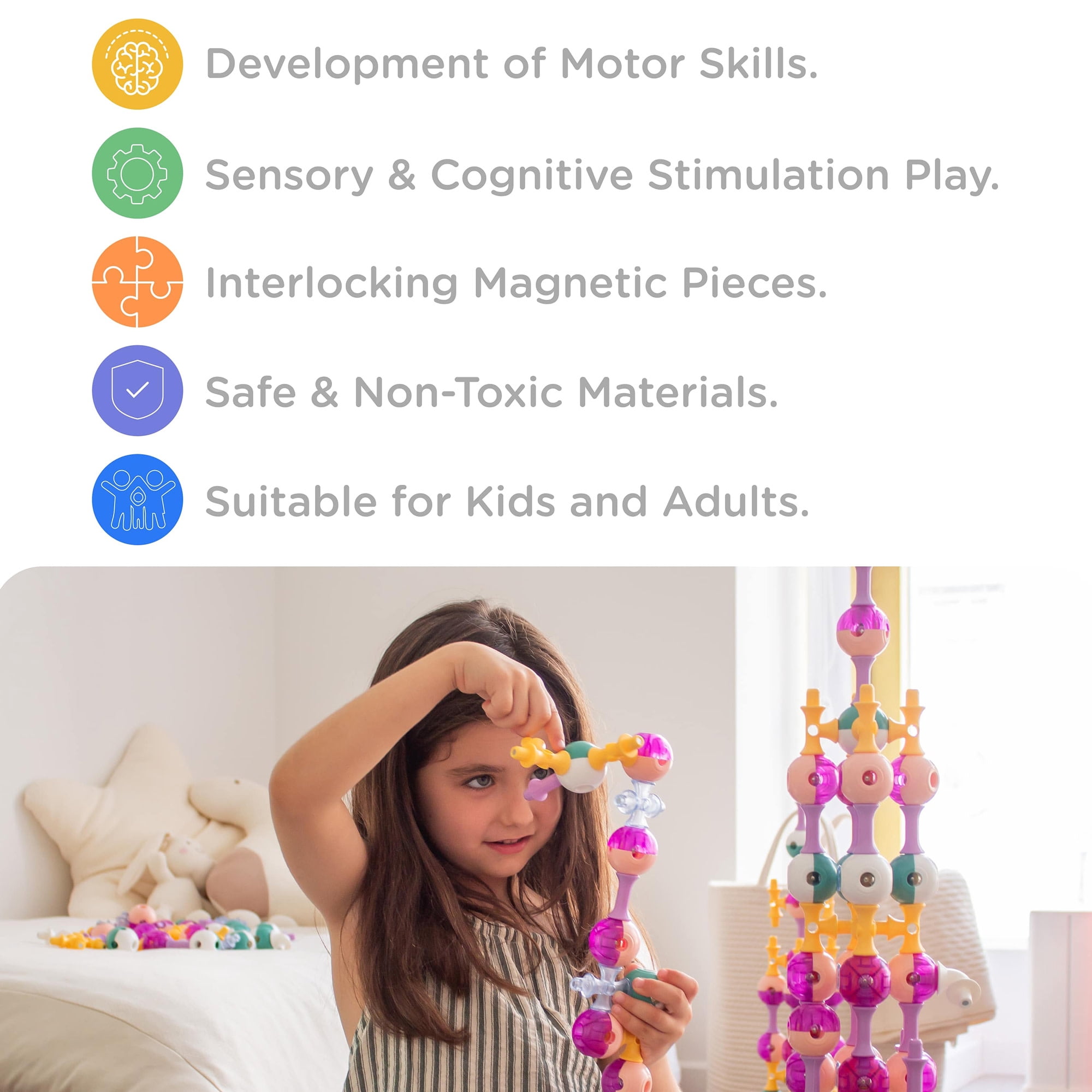 KUB Planet: Magnetic Building Set - Cosmic Soft - 55pc Space Color Construction Blocks, Click-Build-Play, STEM Educational Stacking Toy, Kids 3+