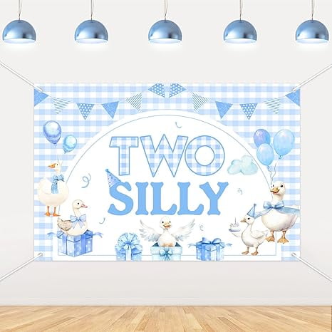 Two Silly Goose Backdrop Blue Bow Goose 2nd Birthday Backdrop Banner Farm Animal Theme Photography Background for Boys Second Birthday Party Supplies 5x3ft