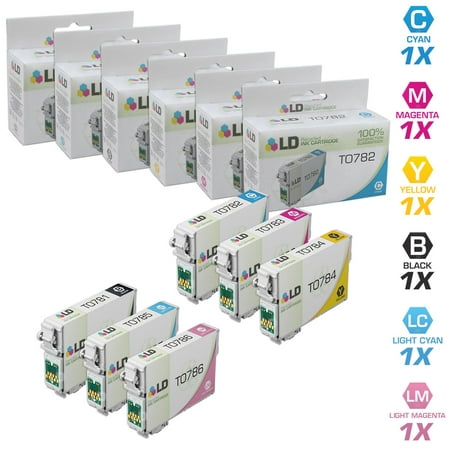 Remanufactured Cartridge Replacement for Epson 78 (Black  Cyan  Magenta  Yellow  Light Cyan  Light Magenta  6-Pack) Save even more with our 6 cartridge set for the Epson T078 series. This bulk set includes 1 black T078120 (T0781) cartridge  1 cyan T078220 (T0782)  1 magenta T078320 (T0783)  1 yellow T078420 (T0784)  1 light cyan T078520 (T0785) and 1 light magenta T078620 (T0786) cartridges. The bundle discount brings the cartridge price down to a very low $4.99 each! Why pay twice as much for brand name OEM Epson T078 printer cartridges when our generic brand printer supplies deliver excellent quality results for a fraction of the price? Our compatible brand replacement cartridges for Epson printers are backed by our 100% Satisfaction and Lifetime Guarantee. So Stock up now and save even more! LD ?? Cartridges are manufactured in an internationally certified ISO 9002 factory. LD ?? cartridges come with a 100% Satisfaction Guarantee and technical support. For use in the following printers: Stylus Photo R380  RX680  R280  RX595  RX580  R260 Artisan 50. We are the exclusive reseller of LD Products brand of high quality printing supplies on Walmart.