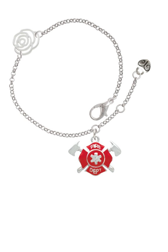 Silvertone Red Fire Department Shield with Axes Silver-tone Rose Link Chain Bracelet, 6.25"+1.75" Extender