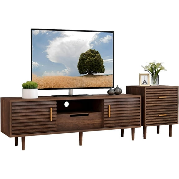 Mid-Century Modern TV Stand w/End Table,Home Media Entertainment Center Sets for tv up to 60",TV Console Storage Cabinet for Living Room. (Brown)