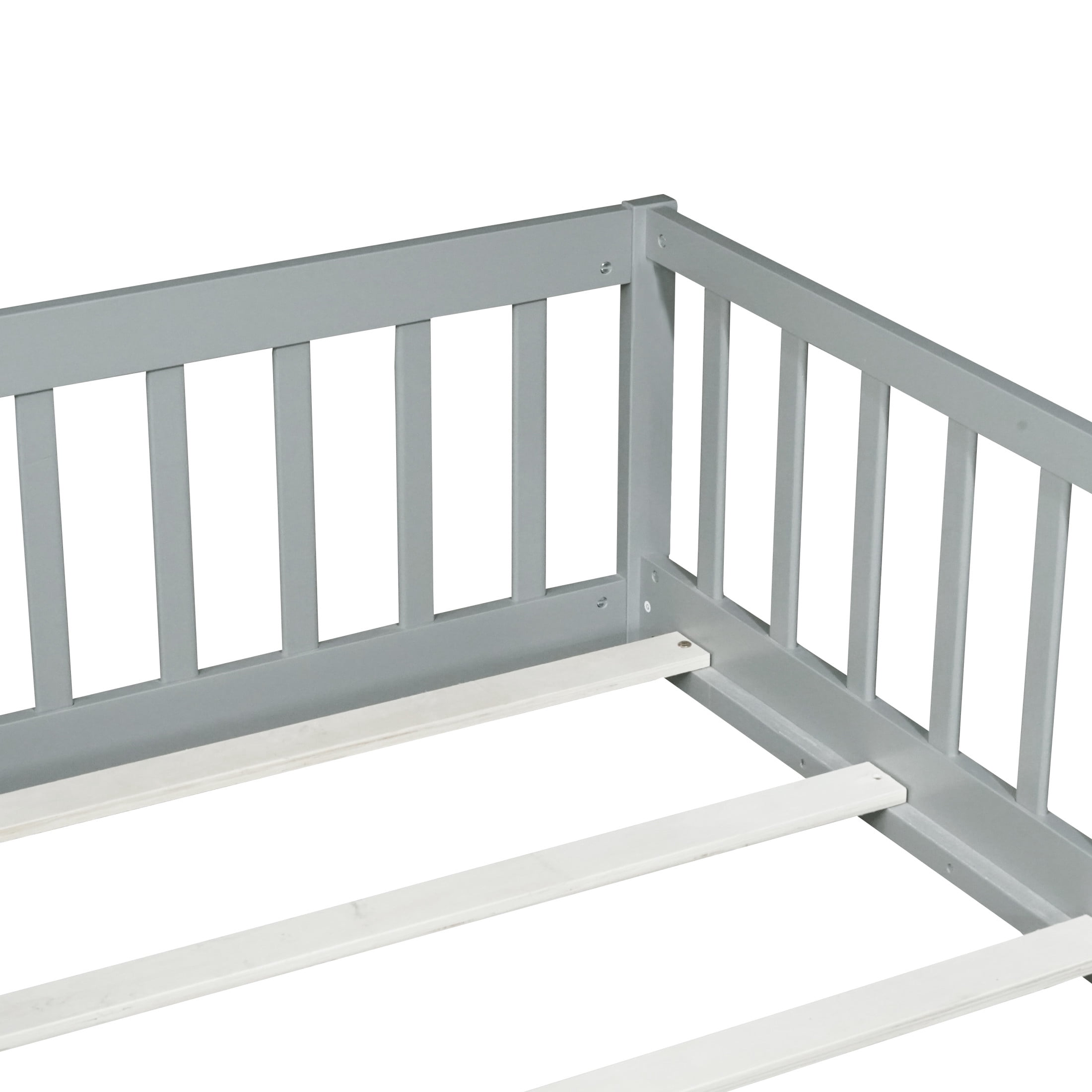 Noble House Twin Floor Bed with Safety Guardrails and Door, Rubber Wood Montessori Bed, Kid's Room, Gray