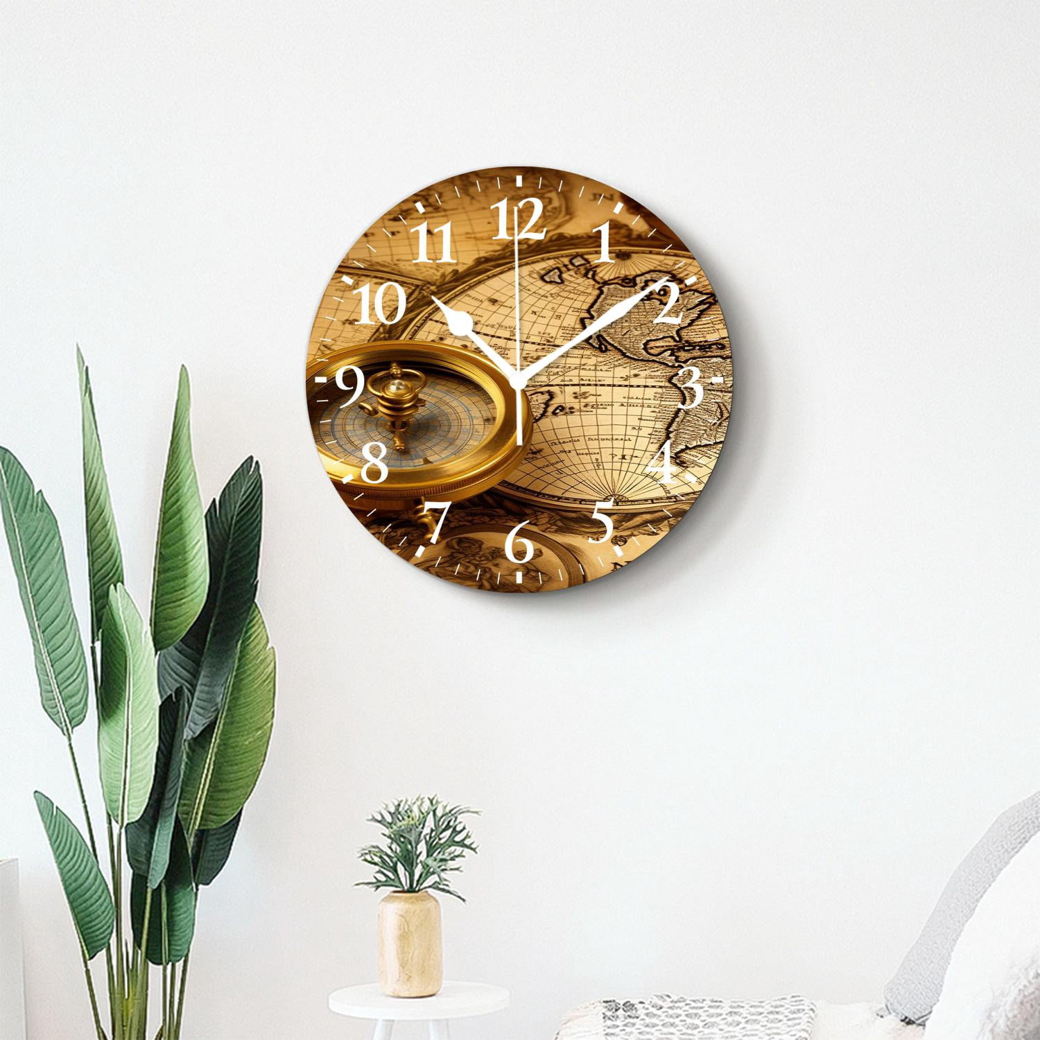12 Inch Wall Clock Battery Operated Silent Clock Decorative for Office, Kitchen, Outdoor, Living Room，Accurate Map Lovely Design