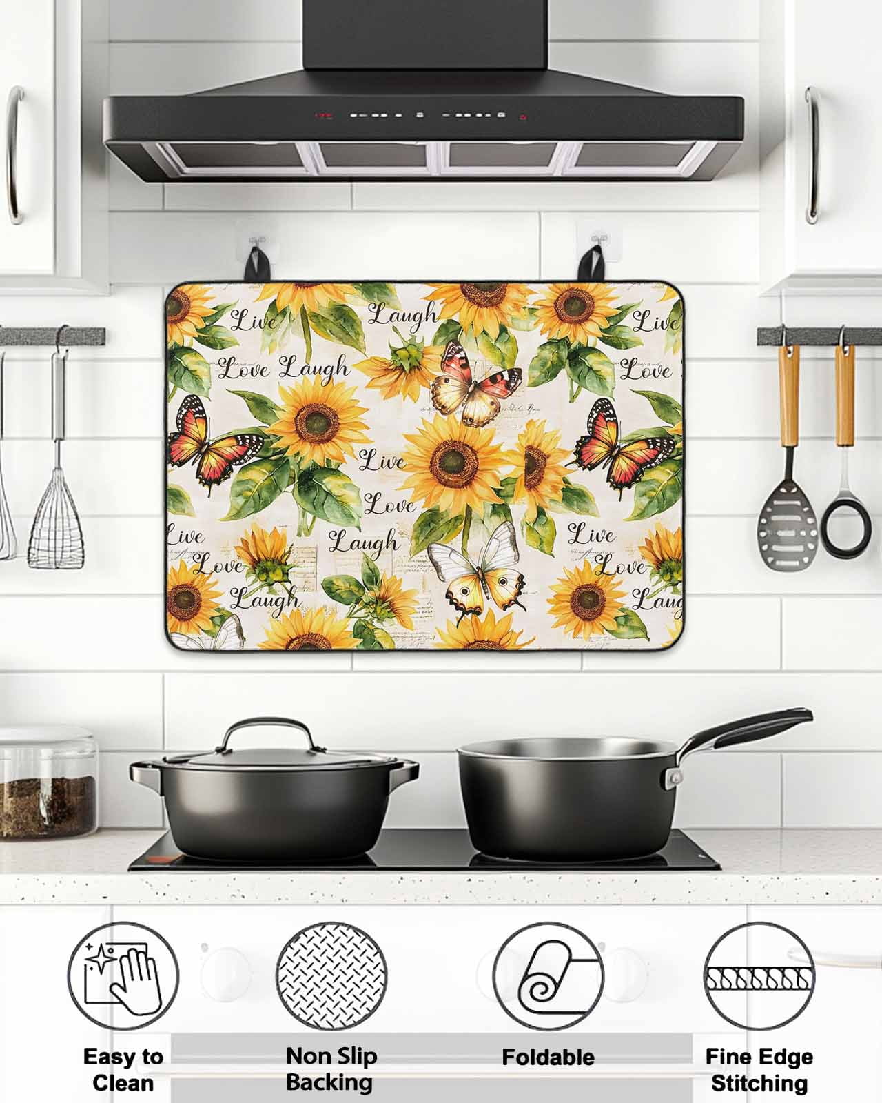 Stove Top Covers for Electric Stove, Sunflower Glass Stovetop Cover Protector, Summer Botanical Vintage Spring Floral Butterfly Induction Cooktop Protector Oven Mat for Kitchen Countertop 24"x21"
