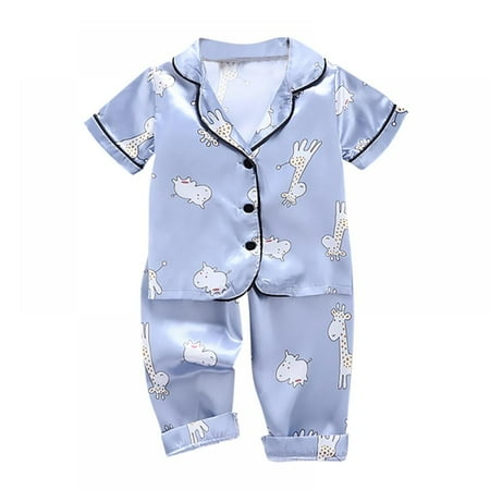 

Stibadium Toddler Baby Satin Silk Pajamas Set Button-Down 2-Piece Sleepwear Pajamas for Kids Short Sleeve Blouse Tops + Night Pants