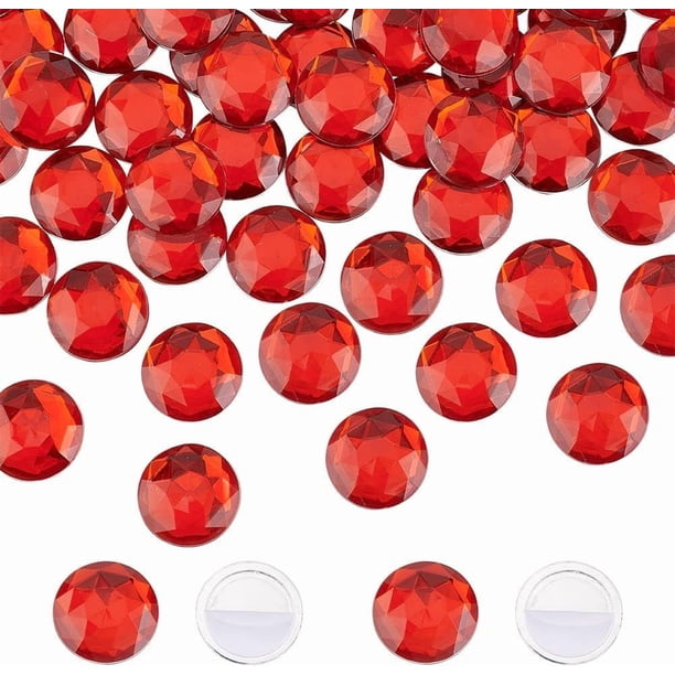 50 piezas de 25 mm de diamantes de imitación acrílicos redondos con parte trasera plana, rojos, autoadhesivos, grandes gemas de plástico, adornos para pegar en joyas, gemas circulares.