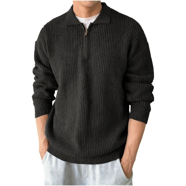 JMYHOAM Chandails pour Hommes Mode Décontractée Couleur Unie Manches Longues Fermeture Éclair Manteau Décontracté Col Rabattu Chandail,m-TTG
