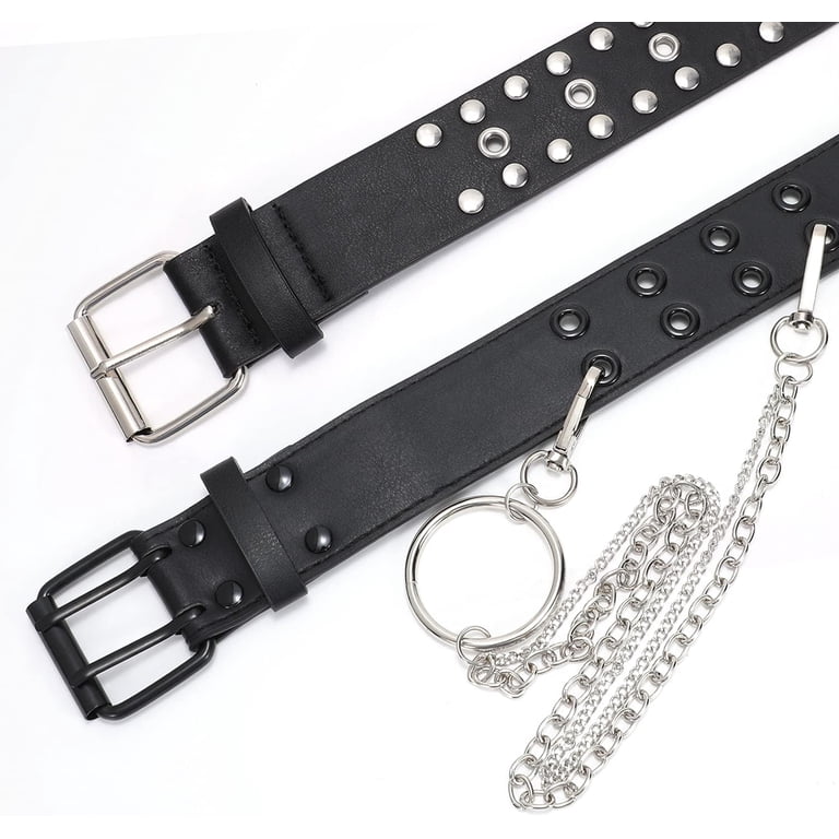 Double Grommet Leather Belt with Detachable Chain for Women Men