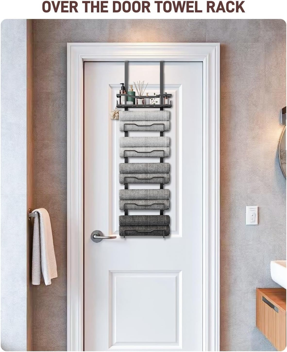 Hanging Towel Racks for Bathroom No Drill - 6-Tier Over The Door Bath Towel Storage Organizer for Small Bathrooms - Tiered Back of Door Towel Holder Hanger for Rolled Towels