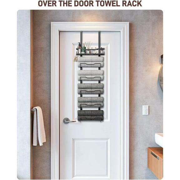 No Drill Over Door Towel Rack - 6 Tier Bath Towel Storage Organizer for Small Bathrooms - Black