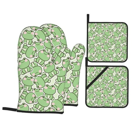 

Oven Mitts and Pot Holders 4 pcs Set cute frog sitting pose funny Heat Resistant Pot Holders Oven Mitts for kitchen Non-Slip Hanging Loop Oven Glove Potholders for Baking Cooking