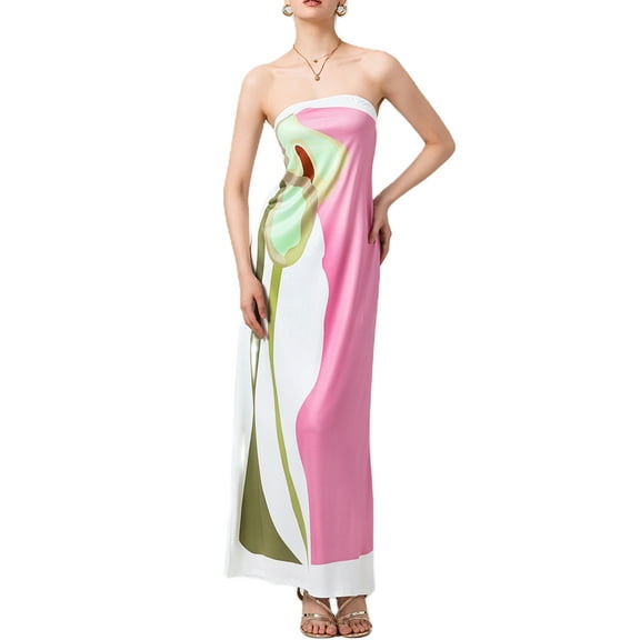 Mevireiy Women Strapless Tube Dress Abstract Printed Flowy Off Shoulder Y2K Beach Bandeau Dresses