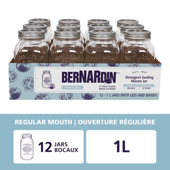 Bernardin Mason Jars, Regular Mouth, 1 L, 12 Count