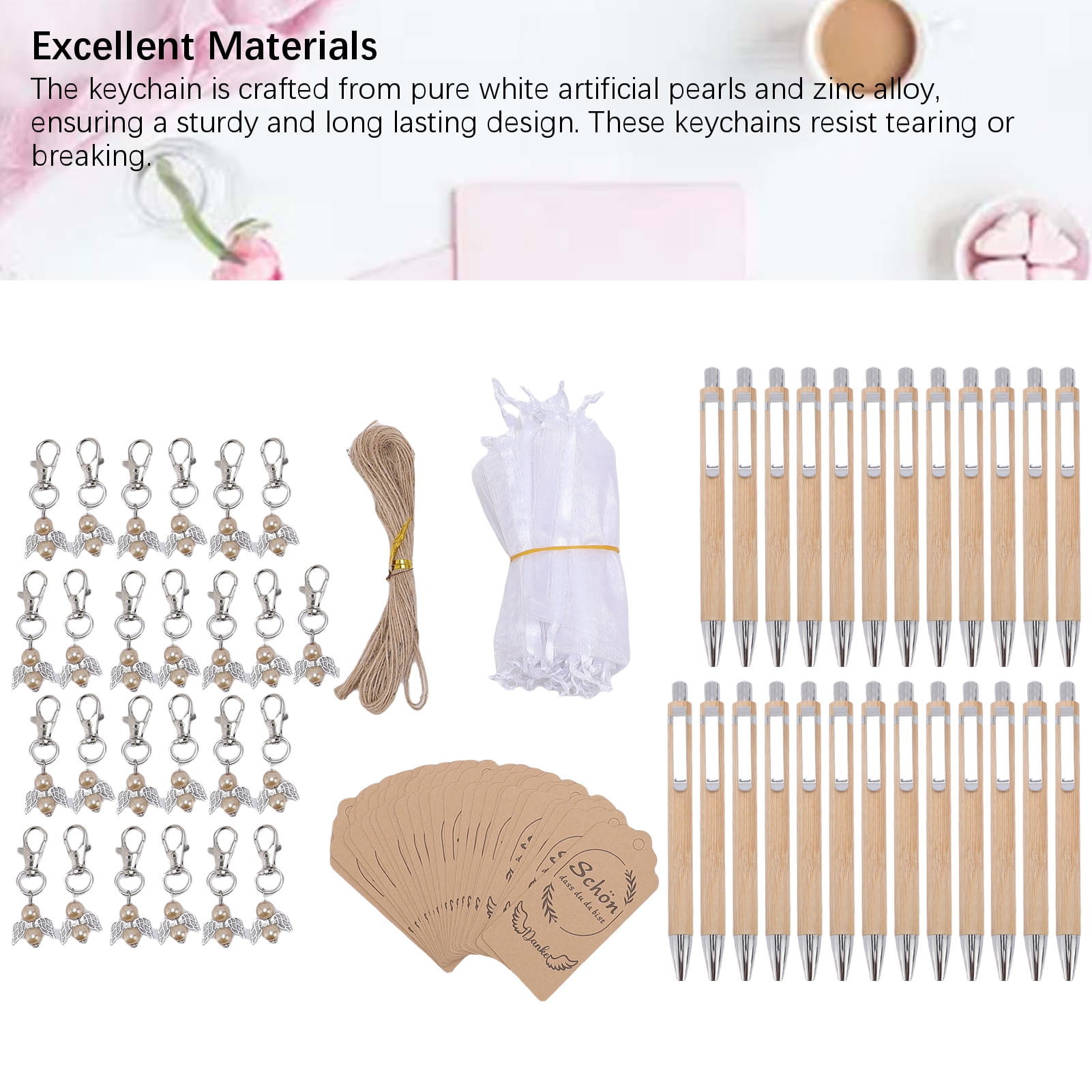 Riousery 101-Piece Wedding Party Favors Set, Includes 25 Bamboo Ballpoint Pens, 25 Angel Keychains, 25 Organza Bags, 25 Hang Tags & Jute Rope, Rustic Bridal Shower Baptism Guest Gifts (9.45 inches)