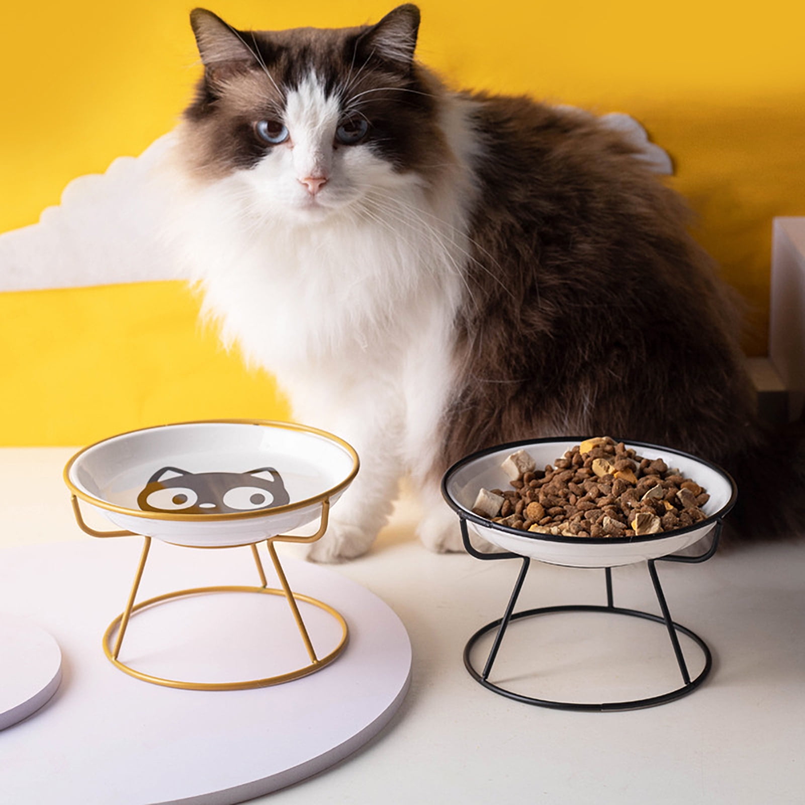 YIFAEUX Elevated Ceramic Cat Bowl Set Anti-Vomit Protect Cervical Vertebrae Indoor Cats Small Pets Colorful Patterns Pet Supplies