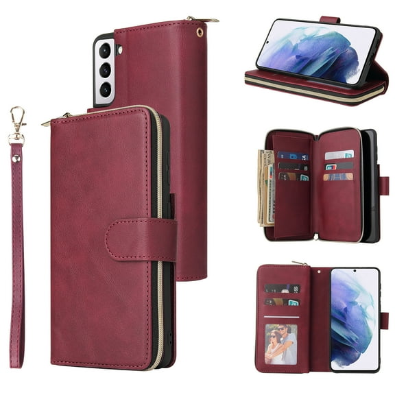 Feishell for Samsung Galaxy S21 (6.2 inch) Wallet Case for Women Men,Premium PU Leather Magnetic Clasp Zipper 9 Card Slots Folio Flip Holder Shockproof Purse Phone Case with Wrist Strap,Winered