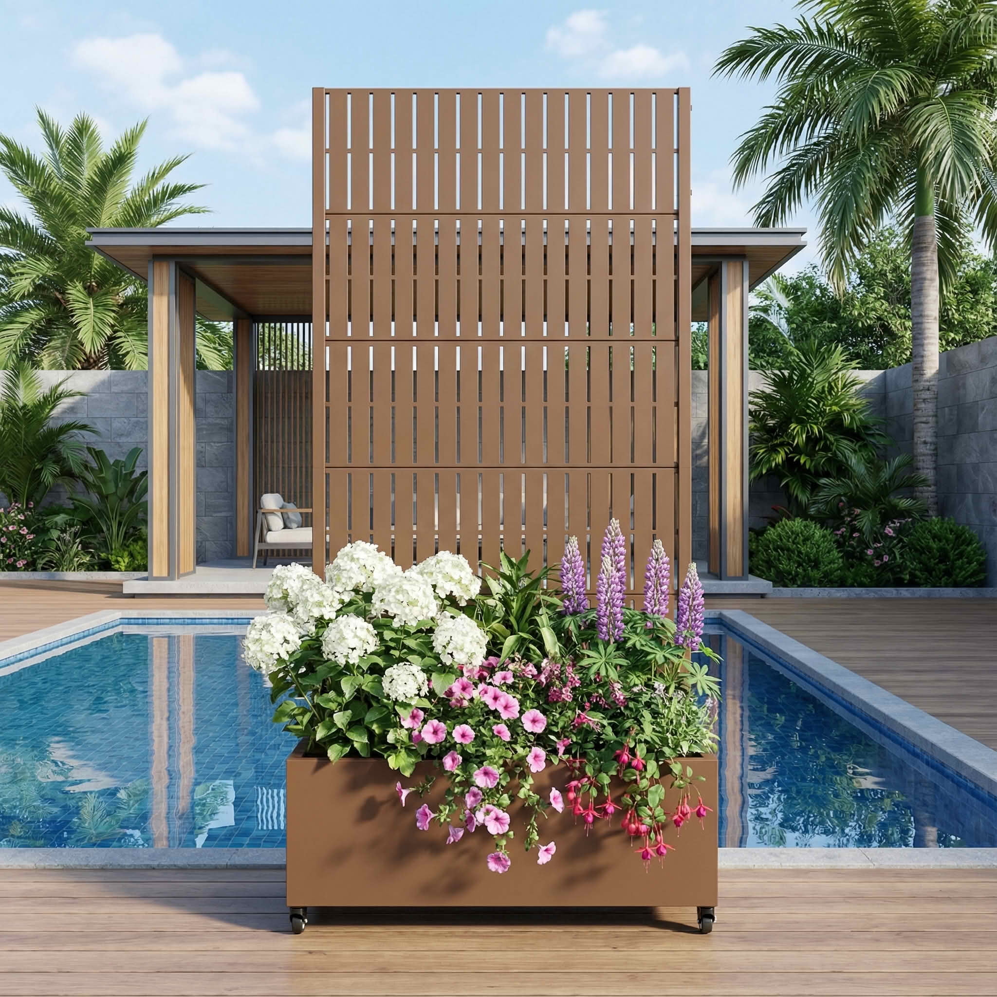 MAYEERTY 72X35" Metal Outdoor Brown Privacy Screen with Planter Box for Backyard & Garden, 5 Piece Set
