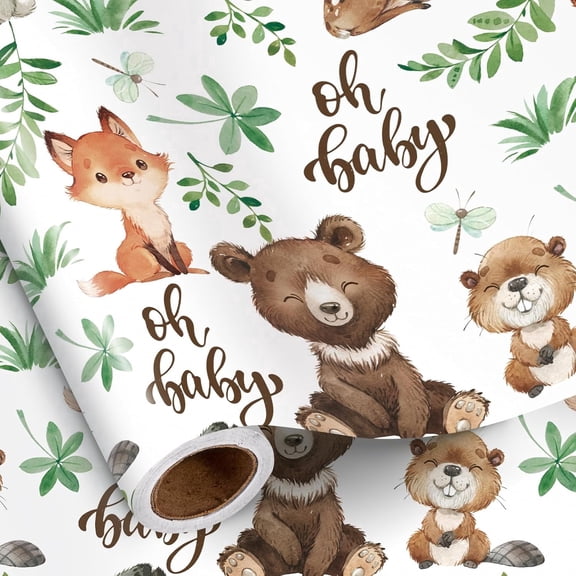23x58 Inch Cute Wrap Paper Sheet Woodland Creature Wrapping Paper Roll for Boy Girl, Cute Safari Design Gift Wrap for Birthday, Baby Shower, Nursery Celebrations