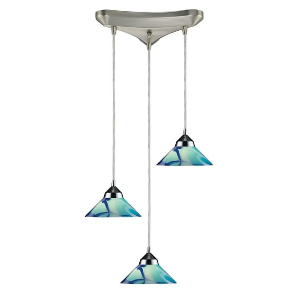 Refraction 3 Light Triangular Pendant Fixture In Polished Chrome With Caribbean Glass Com - Ceiling Light Safari Brushed Chrome