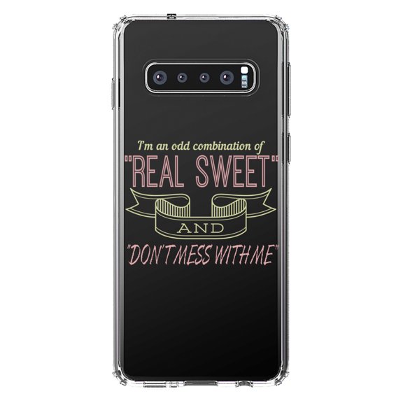 DistinctInk Clear Shockproof Hybrid Case for Samsung Galaxy S10  PLUS (6.4" Screen) - TPU Bumper Acrylic Back Tempered Glass Screen Protector - Odd Combination Real Sweet & Don't Mess With Me