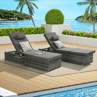 Modern Outdoor Rattan Chaise Lounge Chair with Storage, Recliners with Adjustable Backrest, Table, Cushion, for Poolside, Backyard Garden, Set of 2, Gray Frame, 6 Available Color Cushion